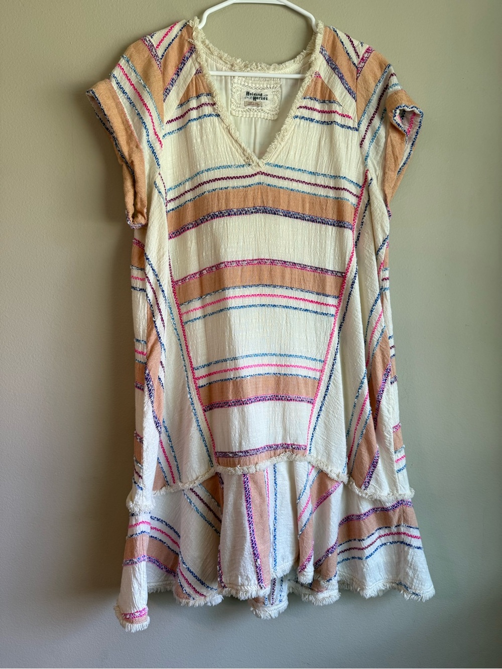 HOLDING HORSES Cream Striped V-Neck with colorful scheme accent dress